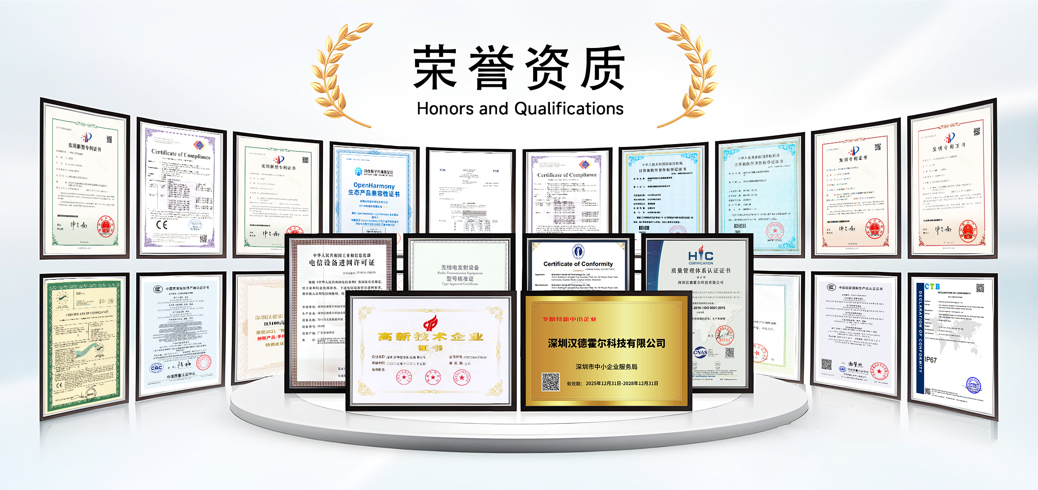 汉德霍尔专精特新国高资质，160 + 专利，工业 PDA/RFID 手持终端全系列合规认证与物联行业奖项